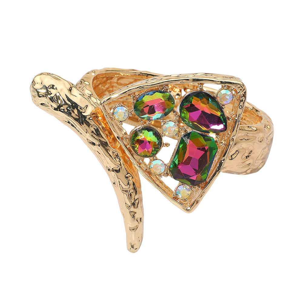 iLLASPARKZ Bold Abstract Stone Cluster Accent Hammered Metal Hinged Bangle Cuff Bracelet