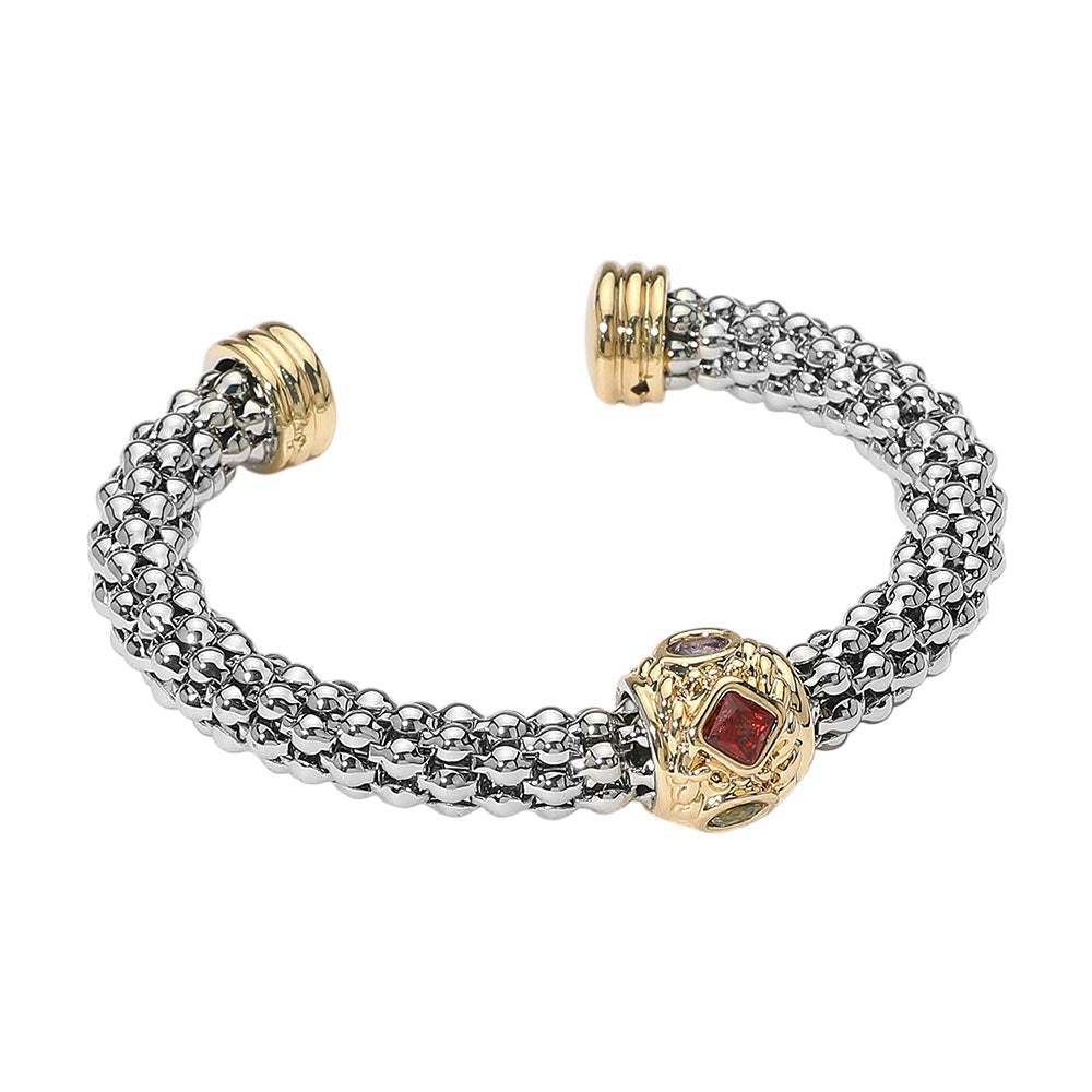 iLLASPARKZ Colorful CZ Stone Cluster Two Tone Mesh Chain Cuff Bracelet