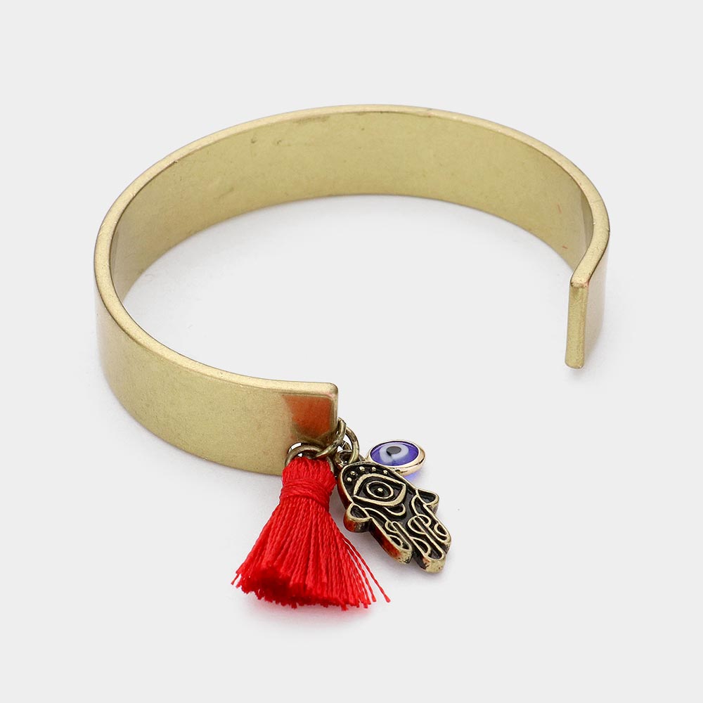 iLLASPARKZ Evil Not Welcome Hamsa Hand Evil Eye Tassel Charm Cuff Bracelet