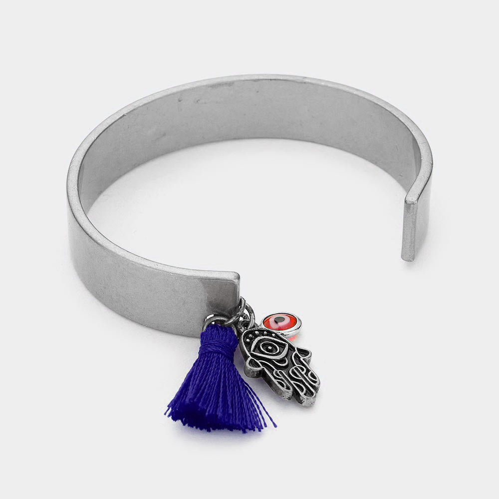 iLLASPARKZ Evil Not Welcome Hamsa Hand Evil Eye Tassel Charm Cuff Bracelet