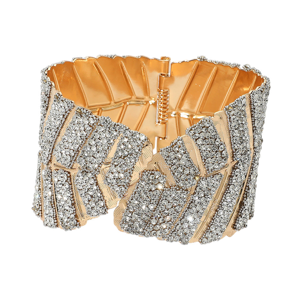 iLLASPARKZ Wide Rhinestone Embellished Leaf Pattern Hinged Cuff Bracelet