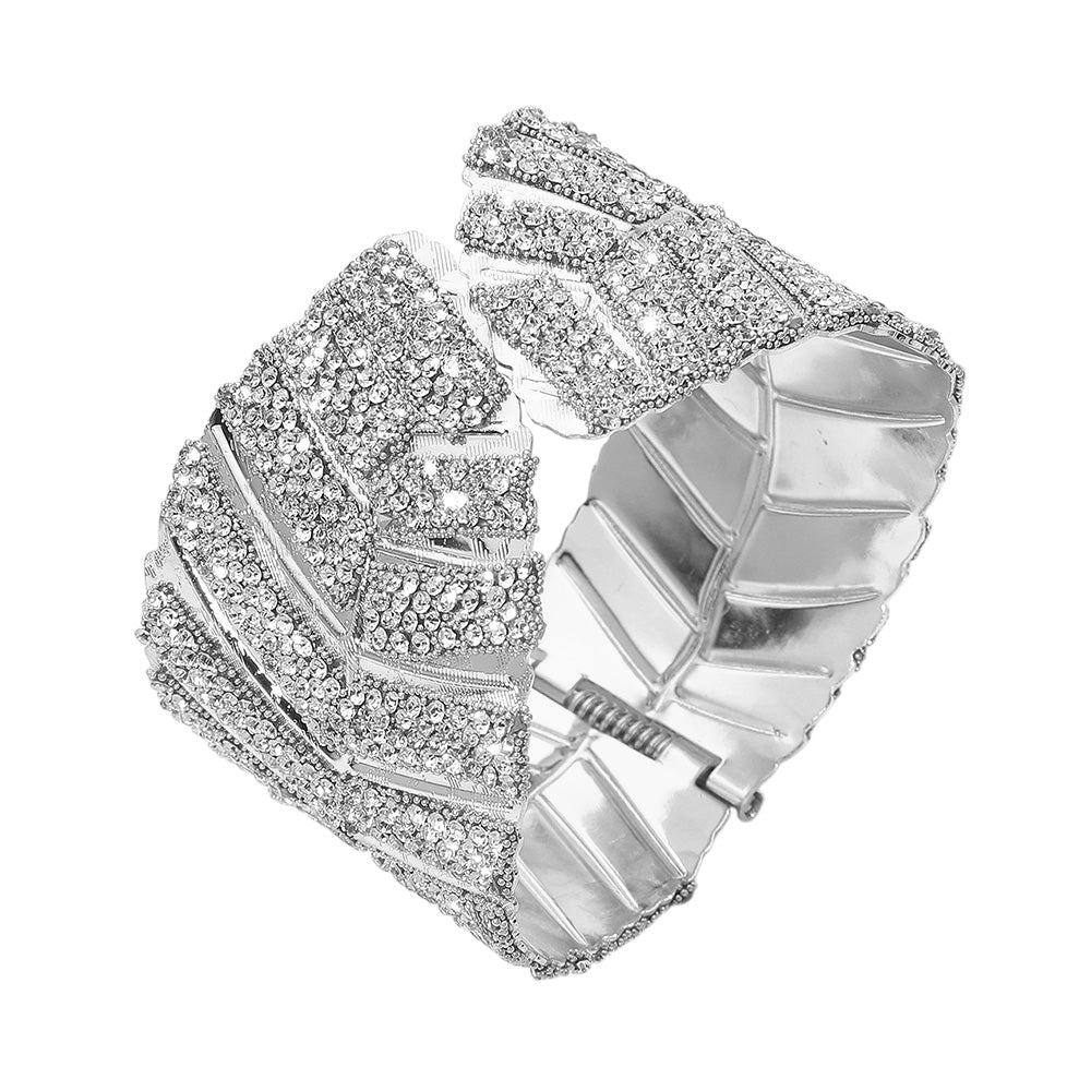 iLLASPARKZ Wide Rhinestone Embellished Leaf Pattern Hinged Cuff Bracelet