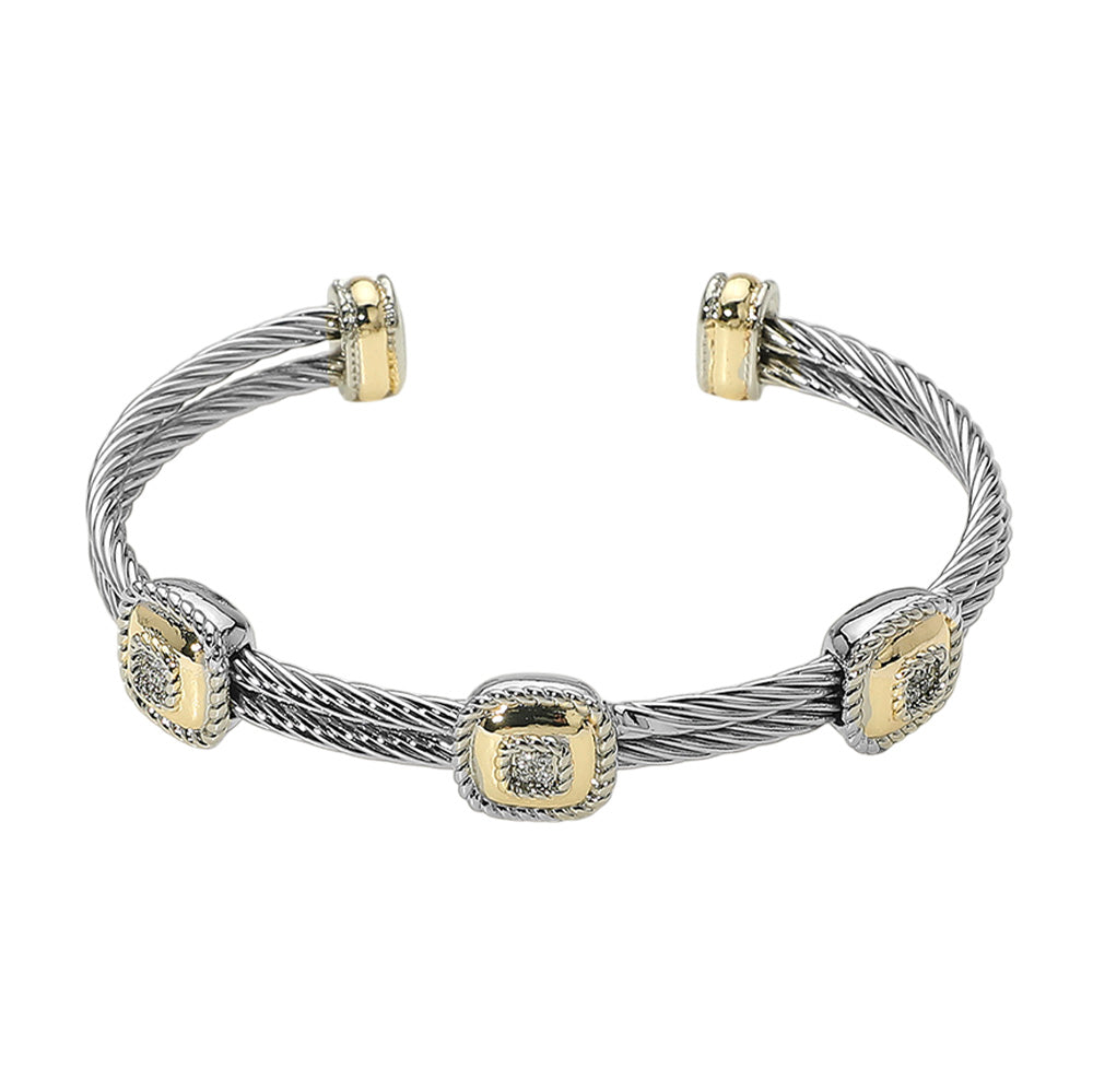 iLLASPARKZ CZ Stone Paved Two Tone Square Pointed Two Row Twisted Metal Cuff Bracelet