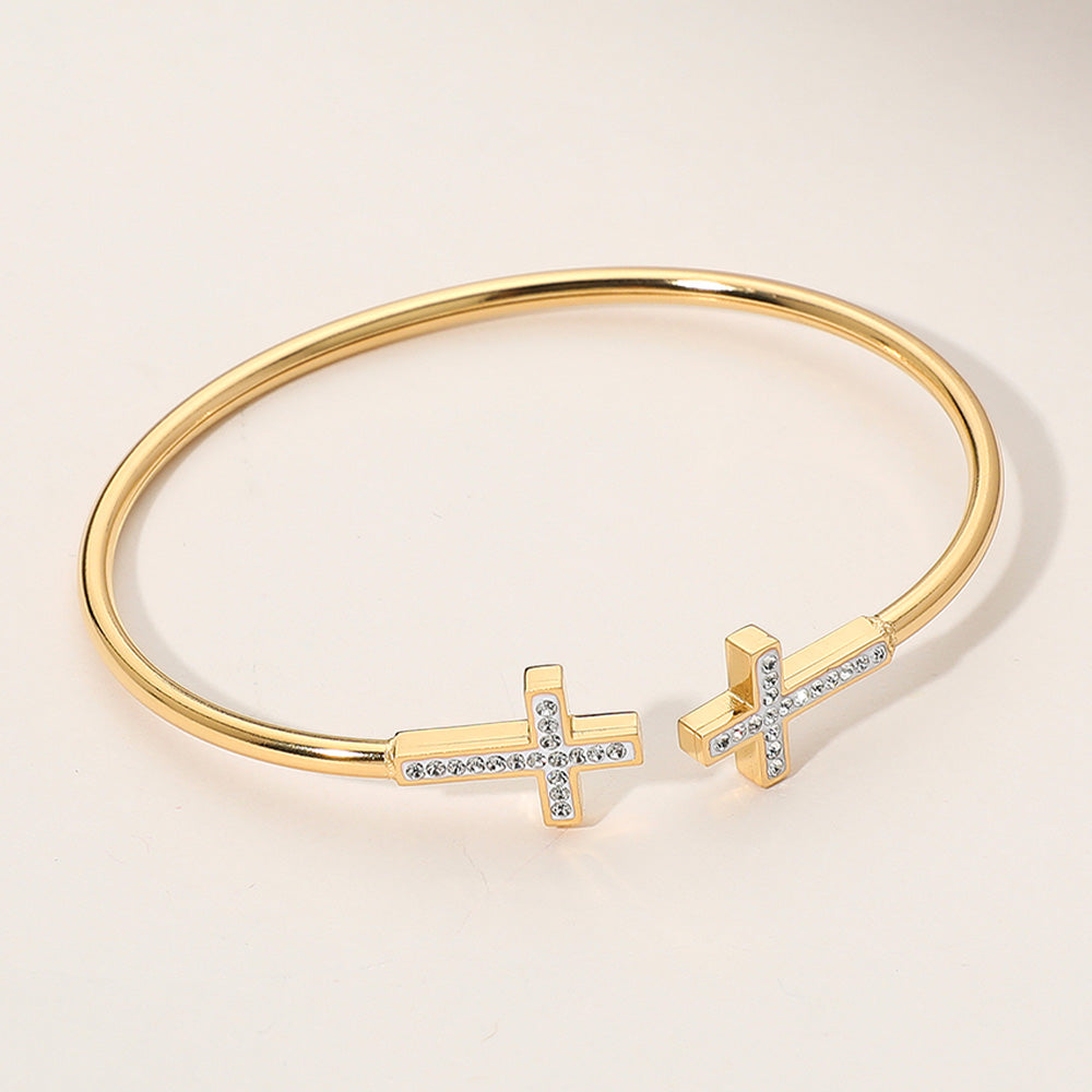iLLASPARKZ Stainless Steel Stone Paved Cross Tip Cuff Bracelet