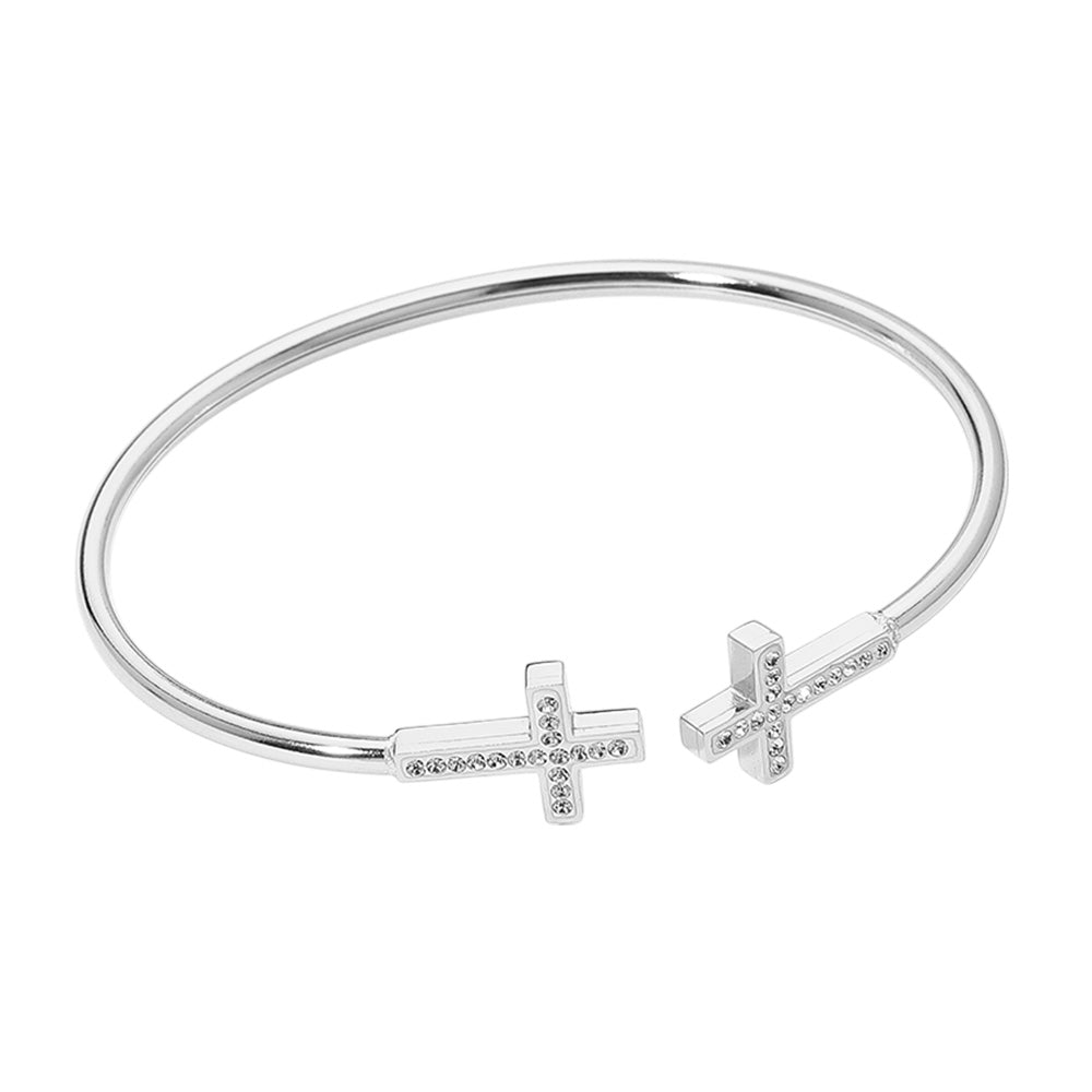 iLLASPARKZ Stainless Steel Stone Paved Cross Tip Cuff Bracelet
