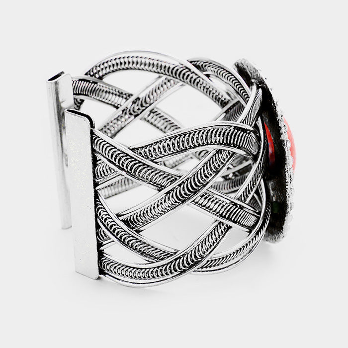 iLLASPARKZ Tribal Round Red Coral Detail Braided Metal Cuff Bracelet