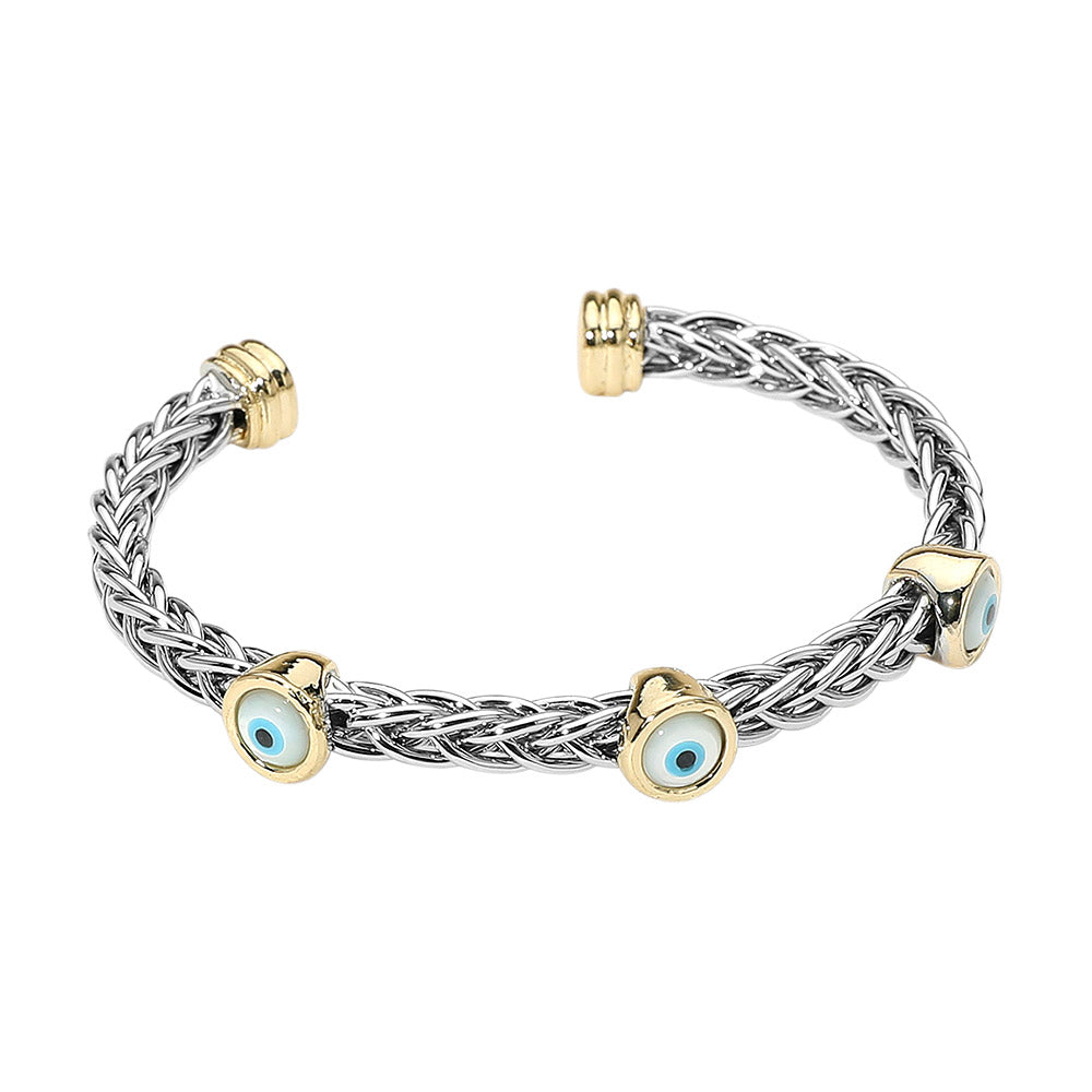 iLLASPARKZ Evil Eye Bezel Accent Two Tone Braided Cuff Bracelet