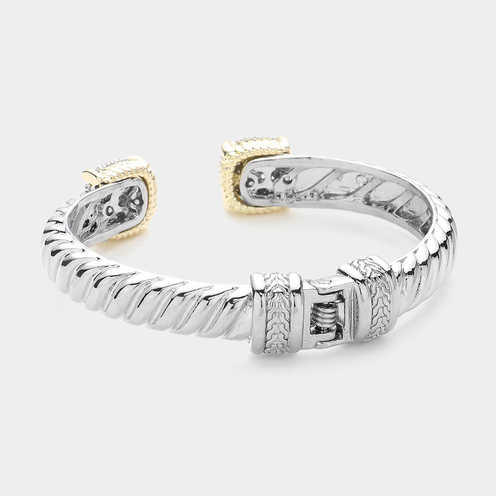 iLLASPARKZ CZ Stone Paved Square Tip Two Tone Twisted Metal Hinged Cuff Bracelet