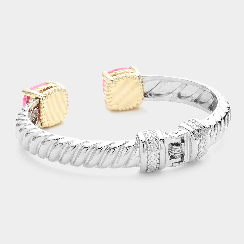 iLLASPARKZ CZ Stone Paved Square Tip Two Tone Twisted Metal Hinged Cuff Bracelet