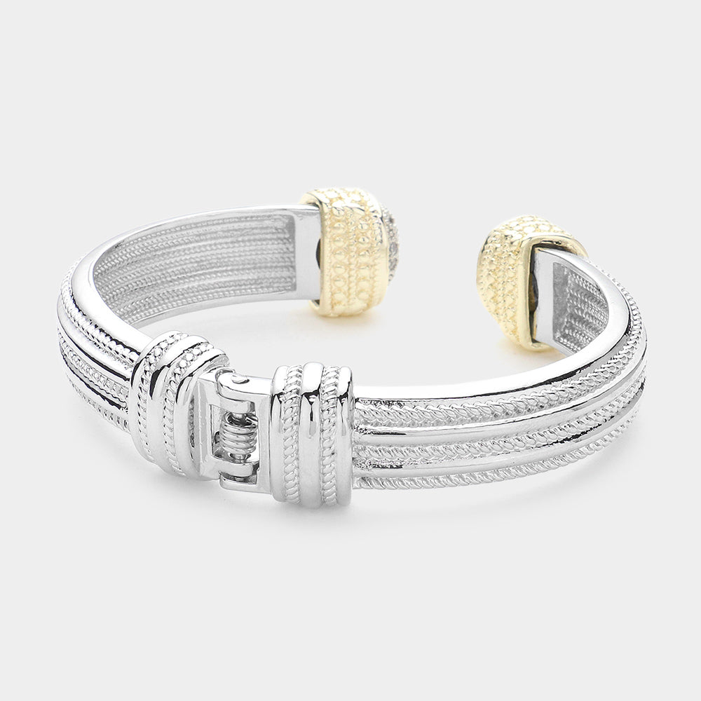 iLLASPARKZ CZ Stone Paved Round Tip Two Tone Triple Rope Metal Hinged Cuff Bracelet