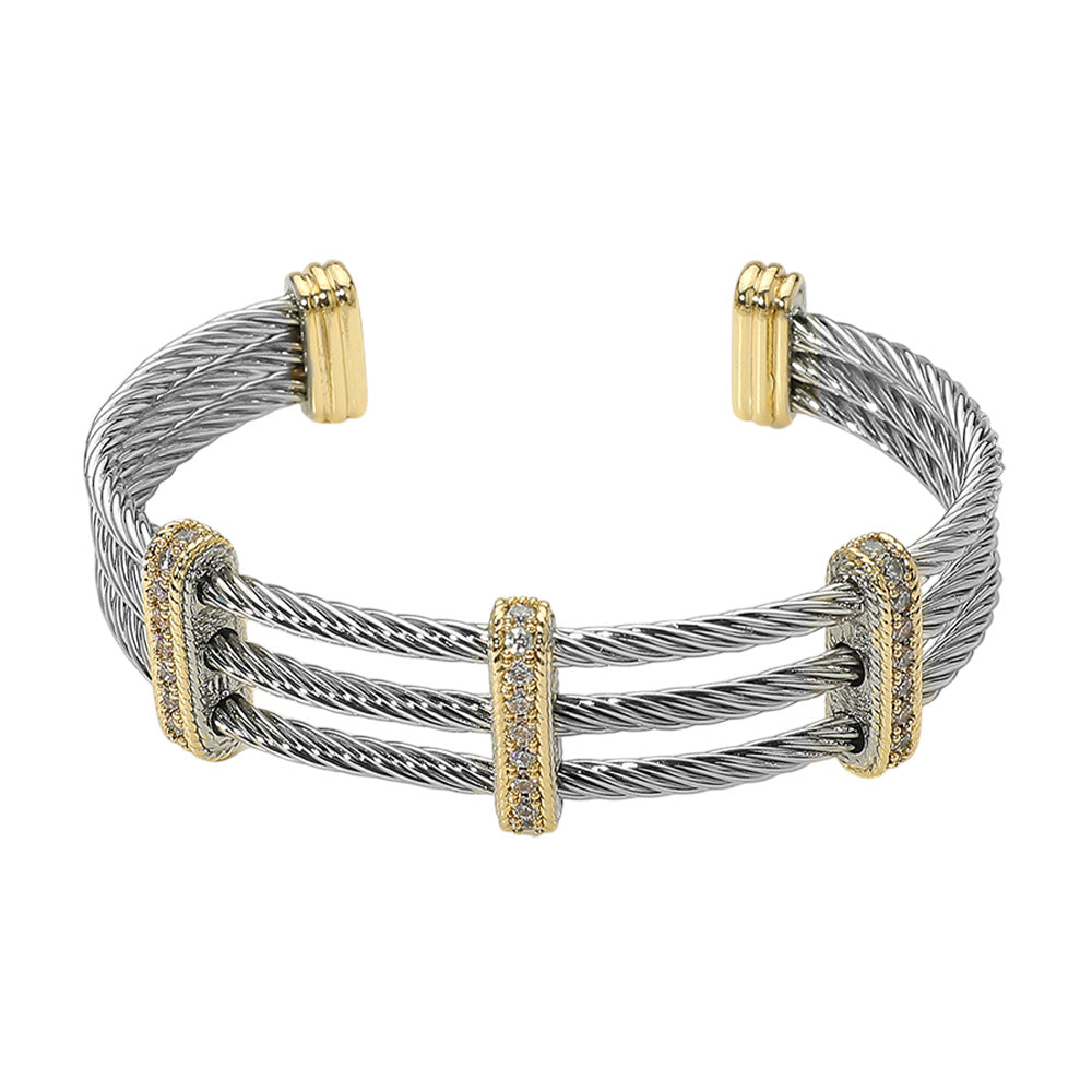 iLLASPARKZ CZ Stone Paved Bar Pointed Two Tone Metal Split Cuff Bracelet