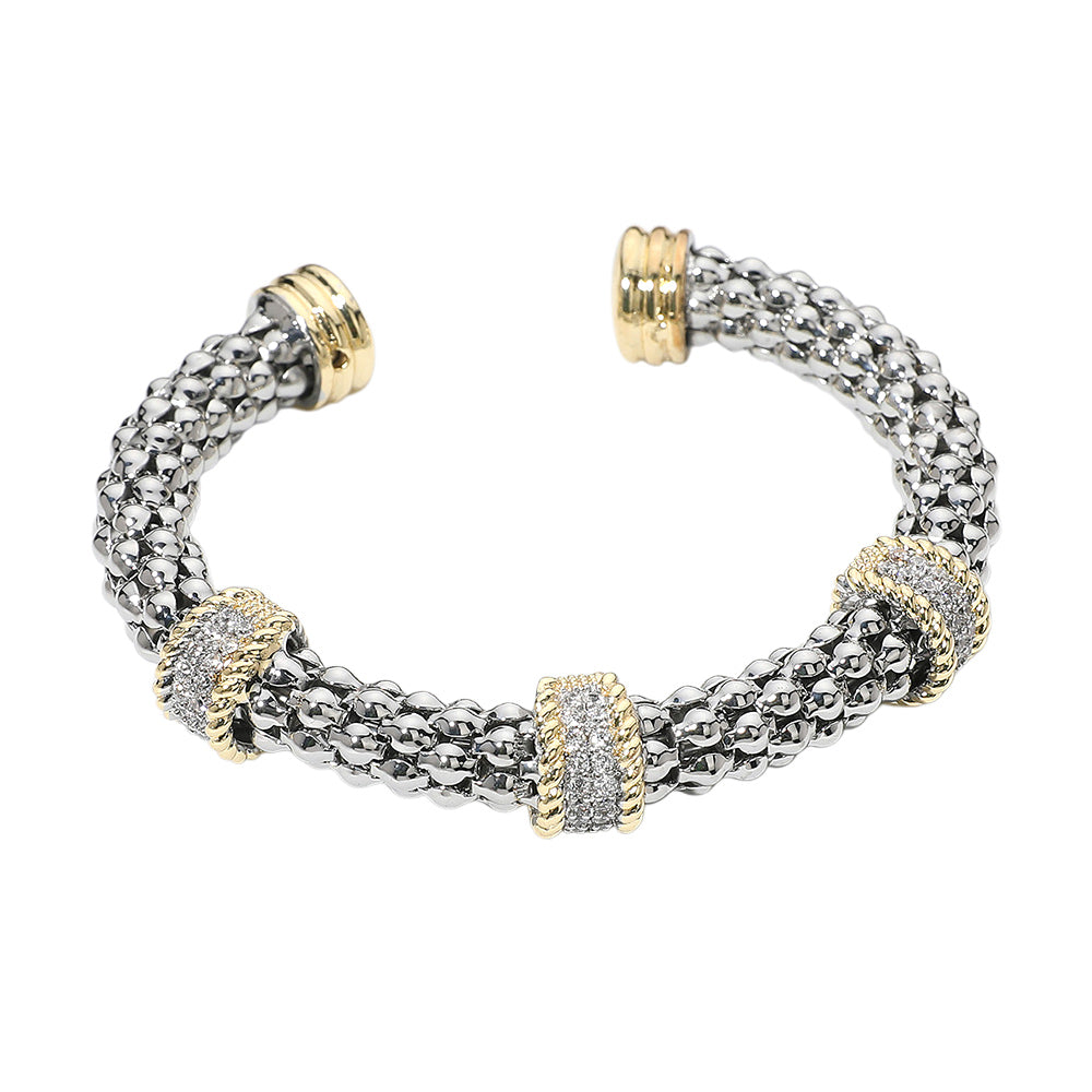 iLLASPARKZ Two Tone Triple CZ Stone Paved Ring Accented Textured Cuff Bracelet