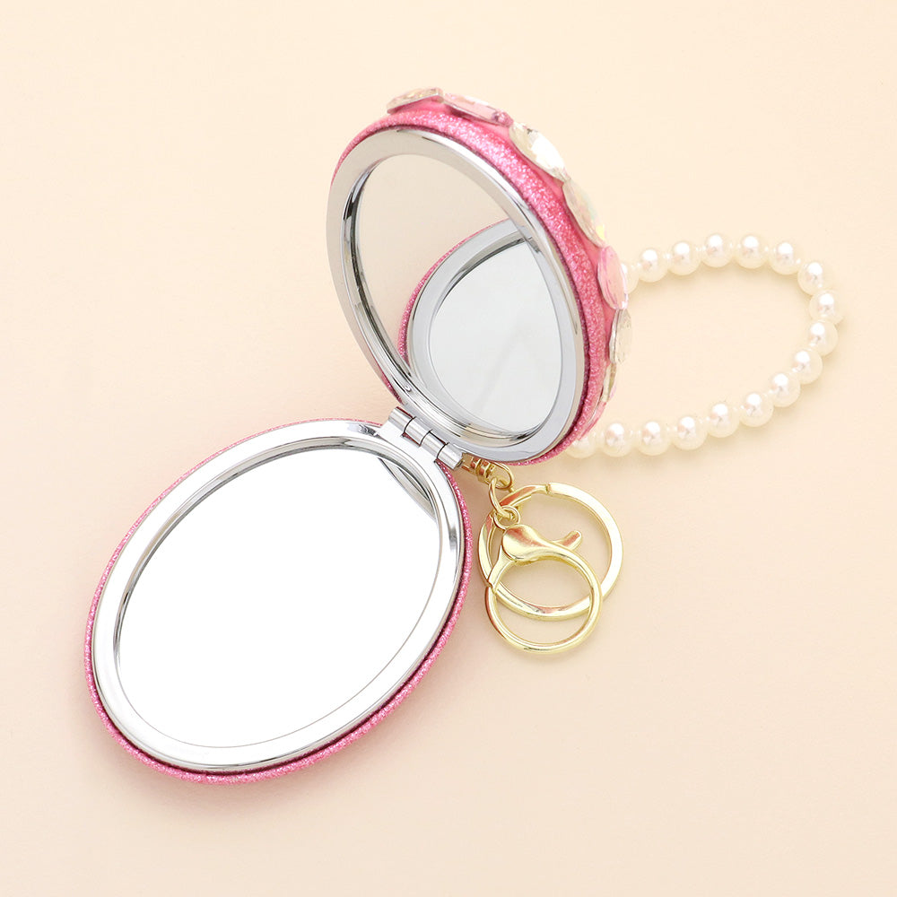 iLLASPARKZ Floral Pearl Multi Bead Embellished Oval Compact Mirror / Keychain