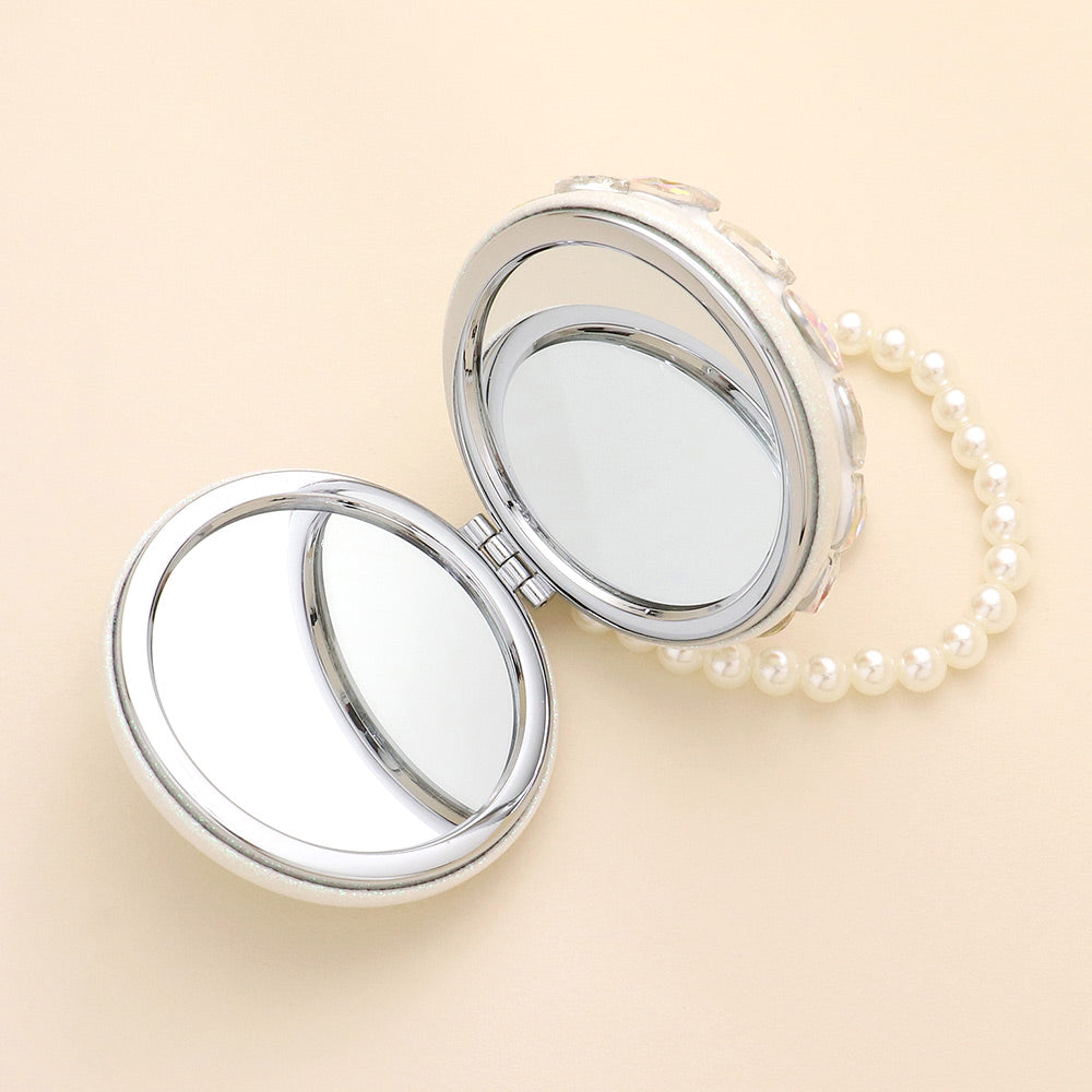 iLLASPARKZ Floral Pearl Multi Bead Embellished Round Compact Mirror / Keychain