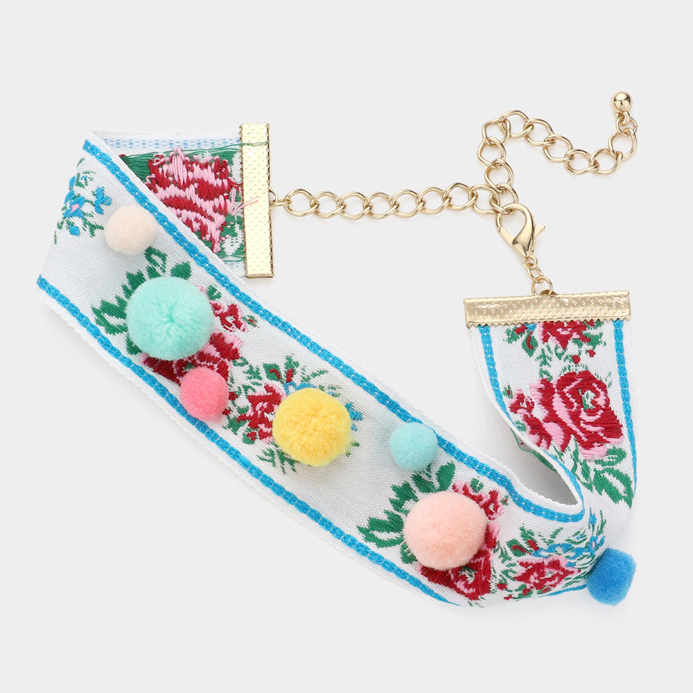 iLLASPARKZ Embroidery Flower Pom Pom Choker Necklace