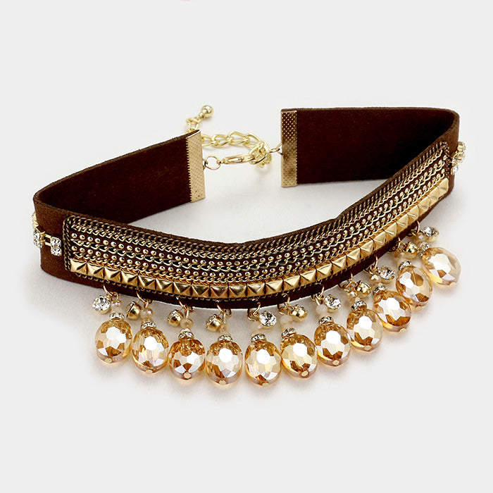 iLLASPARKZ Stone Drop Multi-Layer Chain Faux Leather Choker Necklace