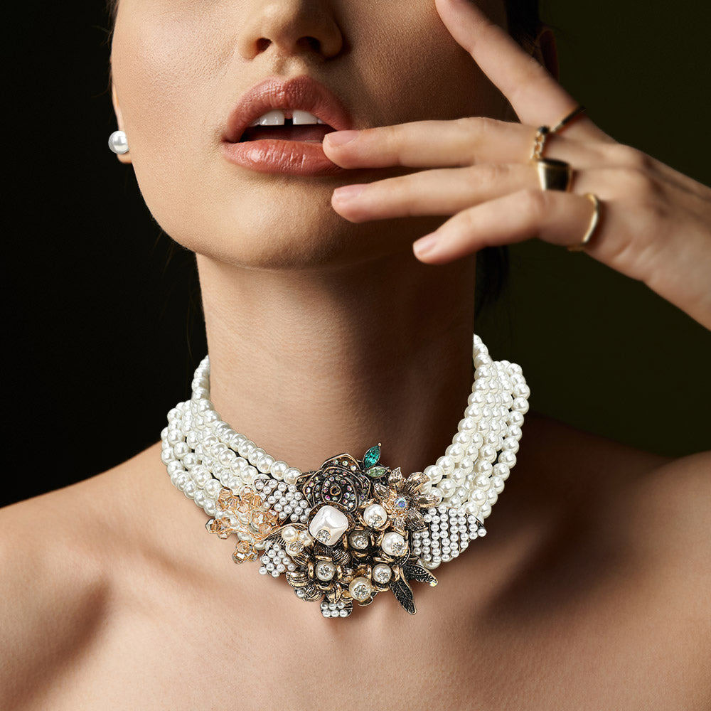 iLLASPARKZ Vintage Floral Pearl Multi Layered Strand Choker Necklace
