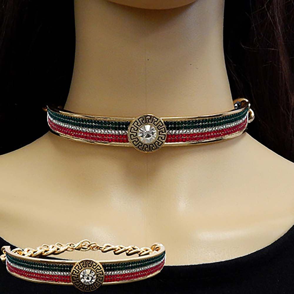 iLLASPARKZ Round Stone Centered Color Block Rhinestone Embellished Choker Necklace