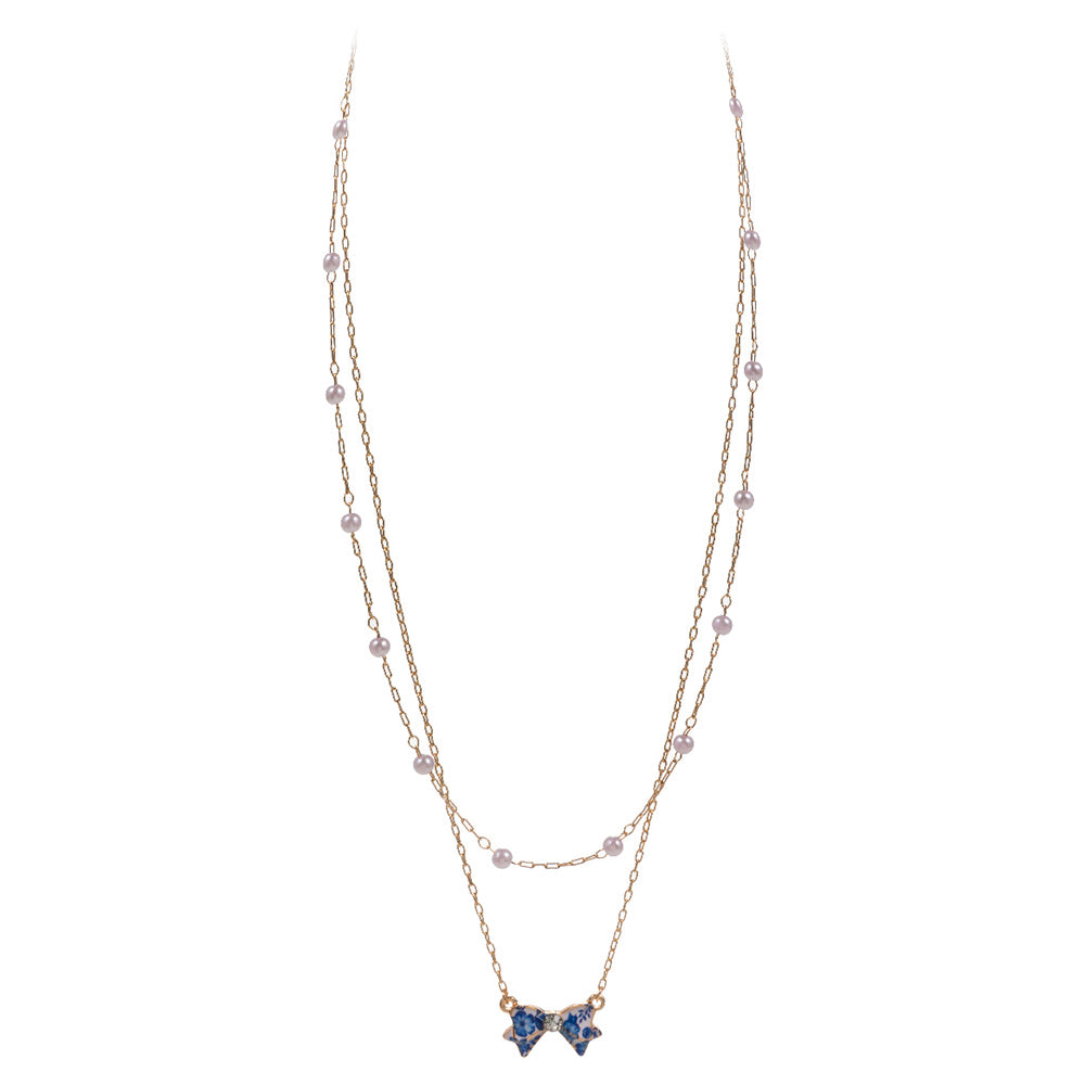 iLLASPARKZ Stone Pointed Enamel Floral Bow Pendant Accented Pearl Station Chain Layered Choker Necklace