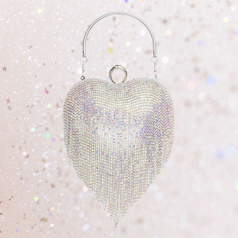iLLASPARKZ Rhinestone Fringe Heart Evening Tote / Clutch / Crossbody Bag