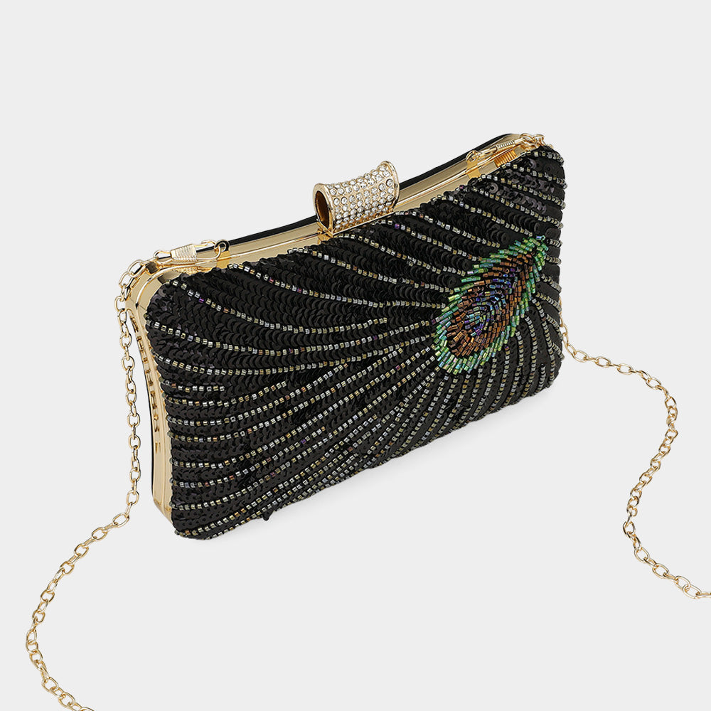 iLLASPARKZ Beaded Sequin Peacock Clutch Evening Bag / Crossbody Bag
