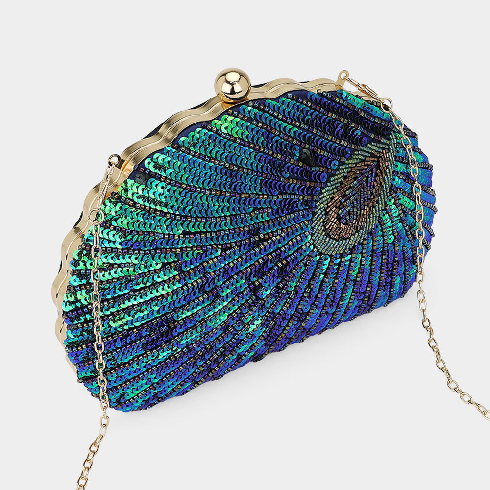 iLLASPARKZ Beaded Sequin Peacock Clutch Evening Bag / Crossbody Bag