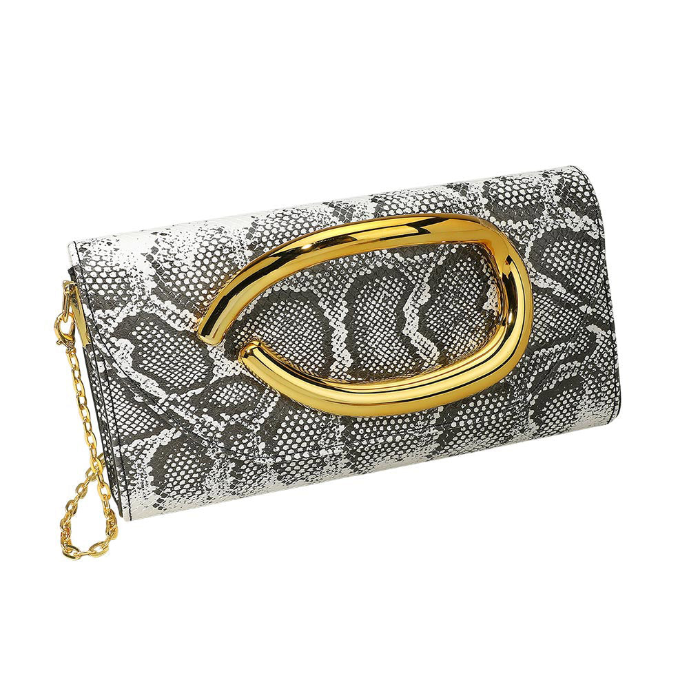 iLLASPARKZ Bold Hardware Accent Snake Pattern Faux Leather Evening Clutch Bag / Crossbody Bag