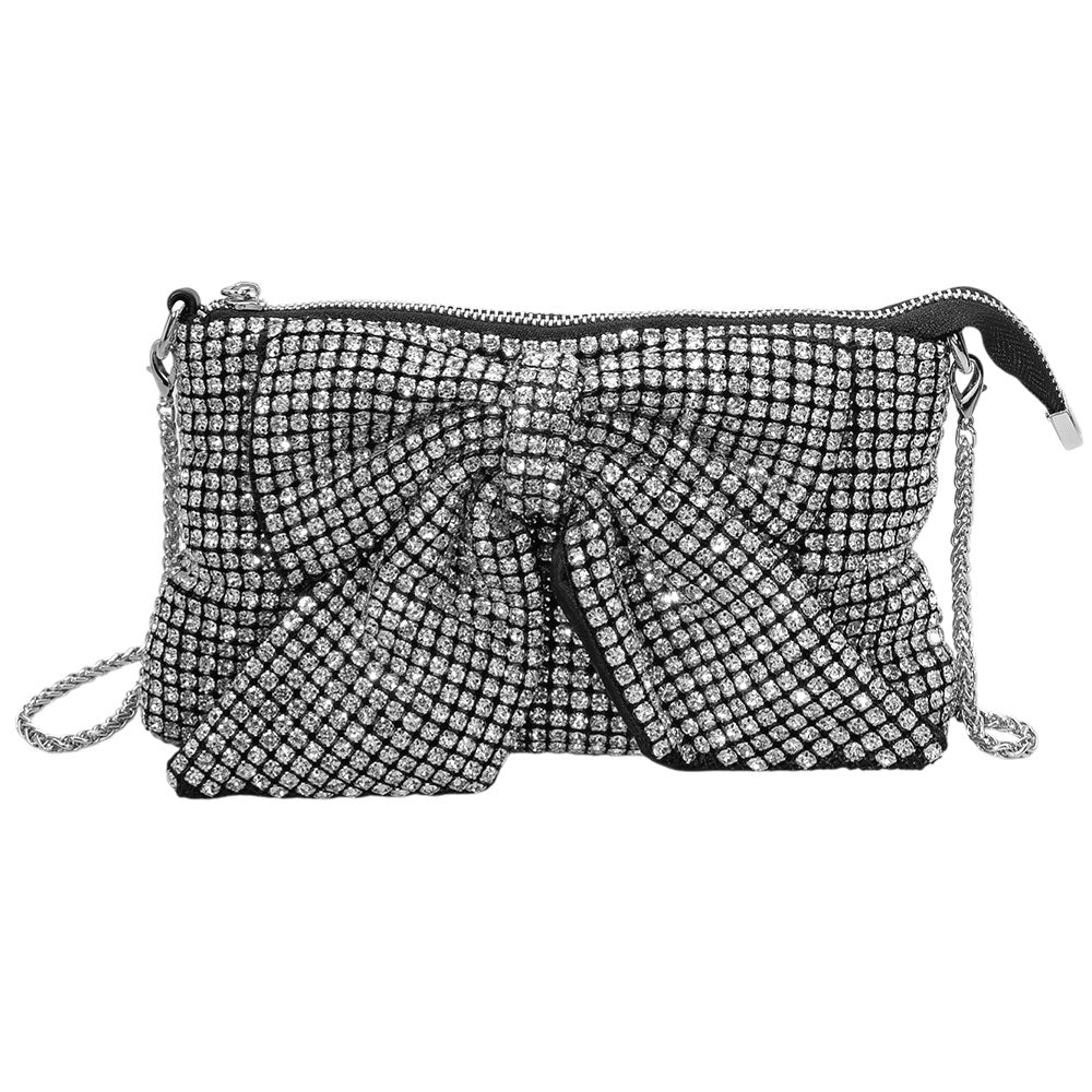 iLLASPARKZ Mesh Bling Rhinestone Bow Accent Evening Clutch Bag / Crossbody Bag