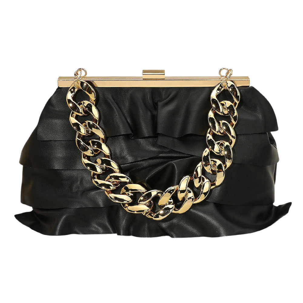 iLLASPARKZ Faux Leather Layered Ruffle Chunky Chain Strap Handle Evening Clutch Bag / Crossbody Bag