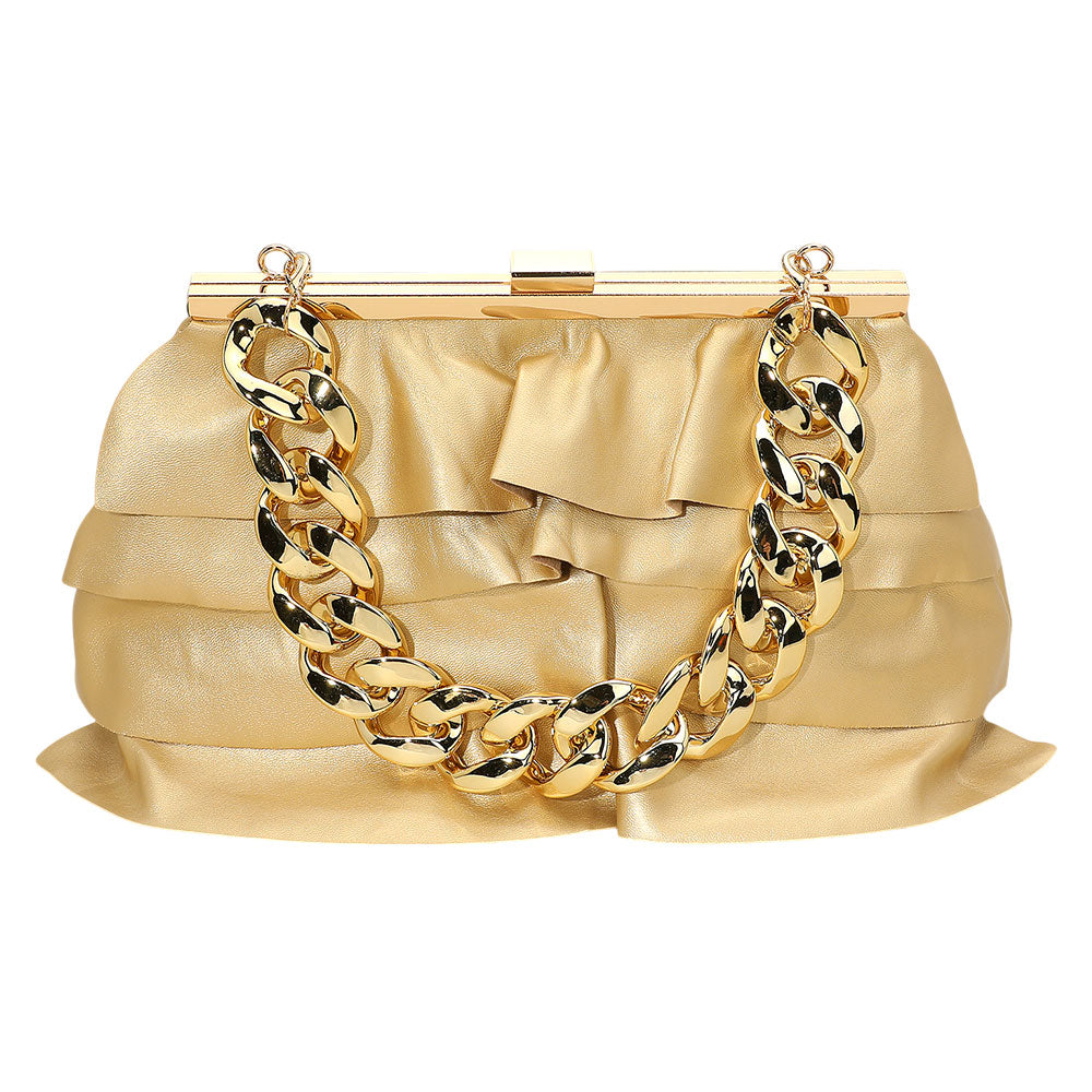 iLLASPARKZ Faux Leather Layered Ruffle Chunky Chain Strap Handle Evening Clutch Bag / Crossbody Bag