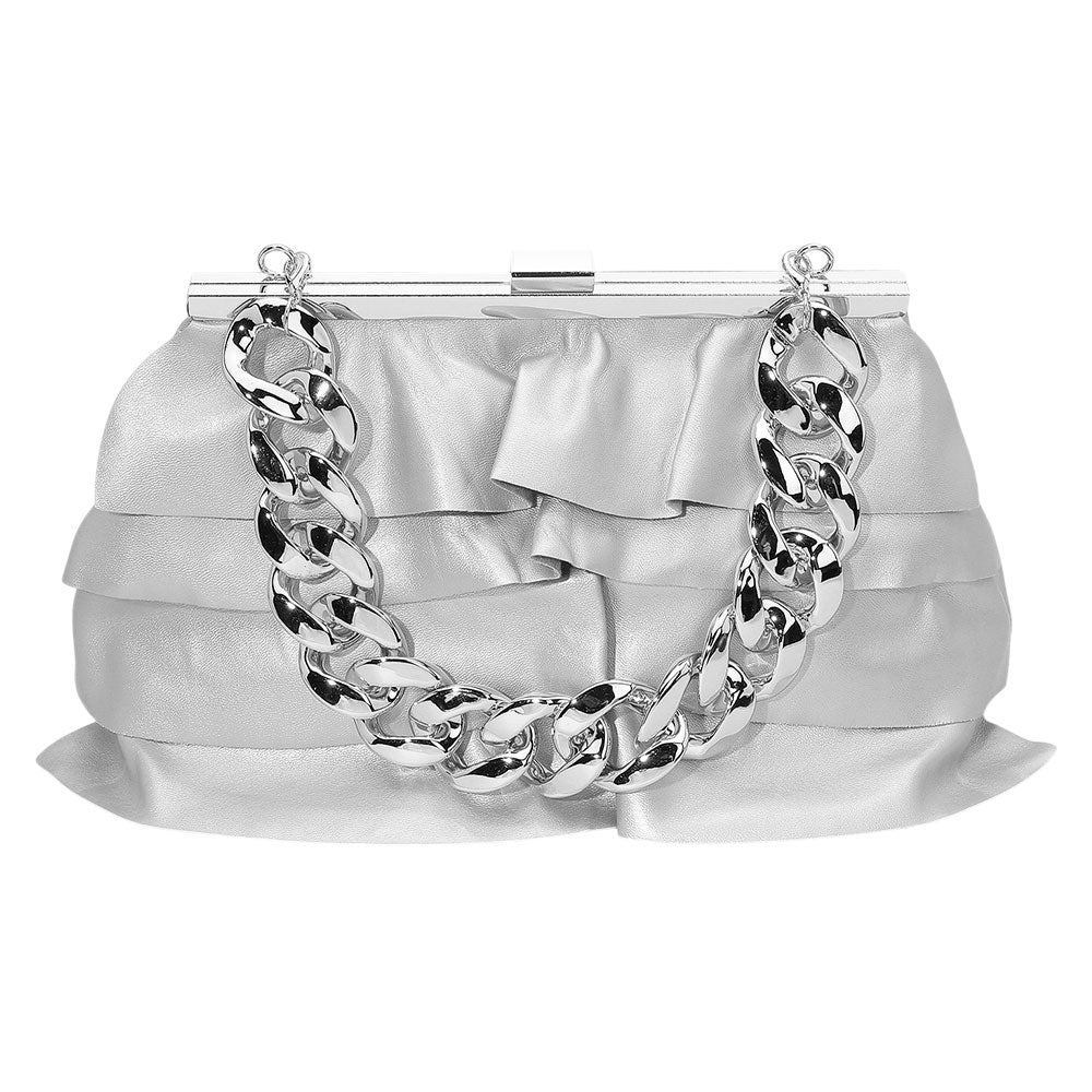 iLLASPARKZ Faux Leather Layered Ruffle Chunky Chain Strap Handle Evening Clutch Bag / Crossbody Bag