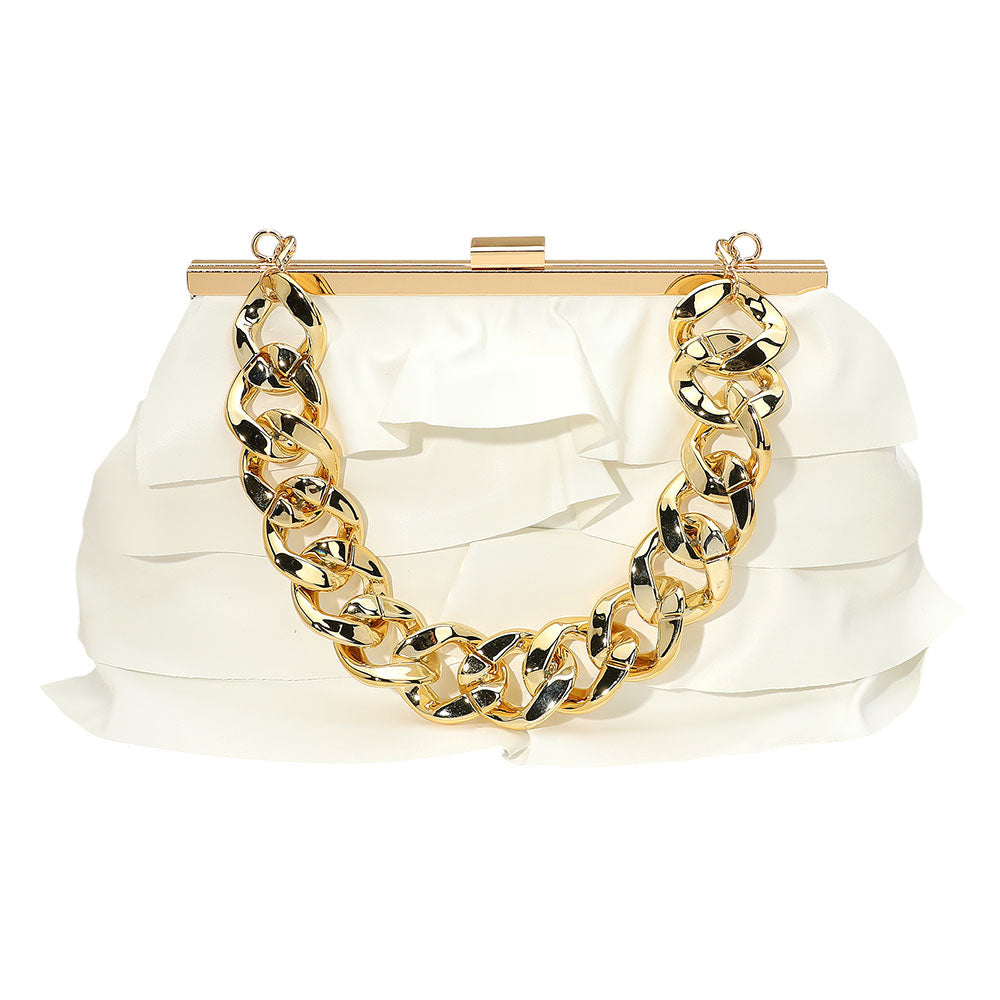 iLLASPARKZ Faux Leather Layered Ruffle Chunky Chain Strap Handle Evening Clutch Bag / Crossbody Bag