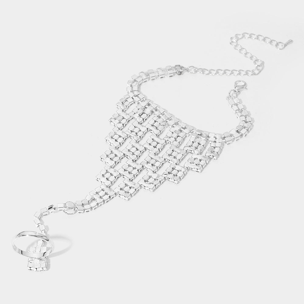 iLLASPARKZ Rhinestone Paved Square Pointed Hand Chain Evening Bracelet