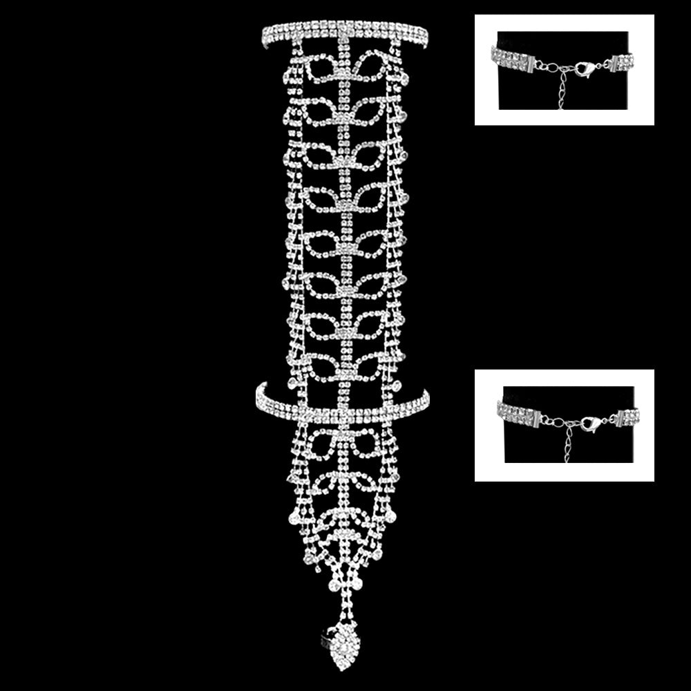 iLLASPARKZ Wide Crystal Rhinestone Pave Leaf Bridal Hand Chain Evening Bracelet