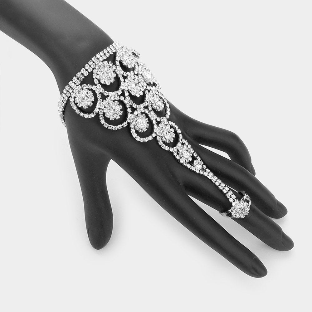 Crystal Round Rhinestone Pave Hand Chain Evening Bracelet