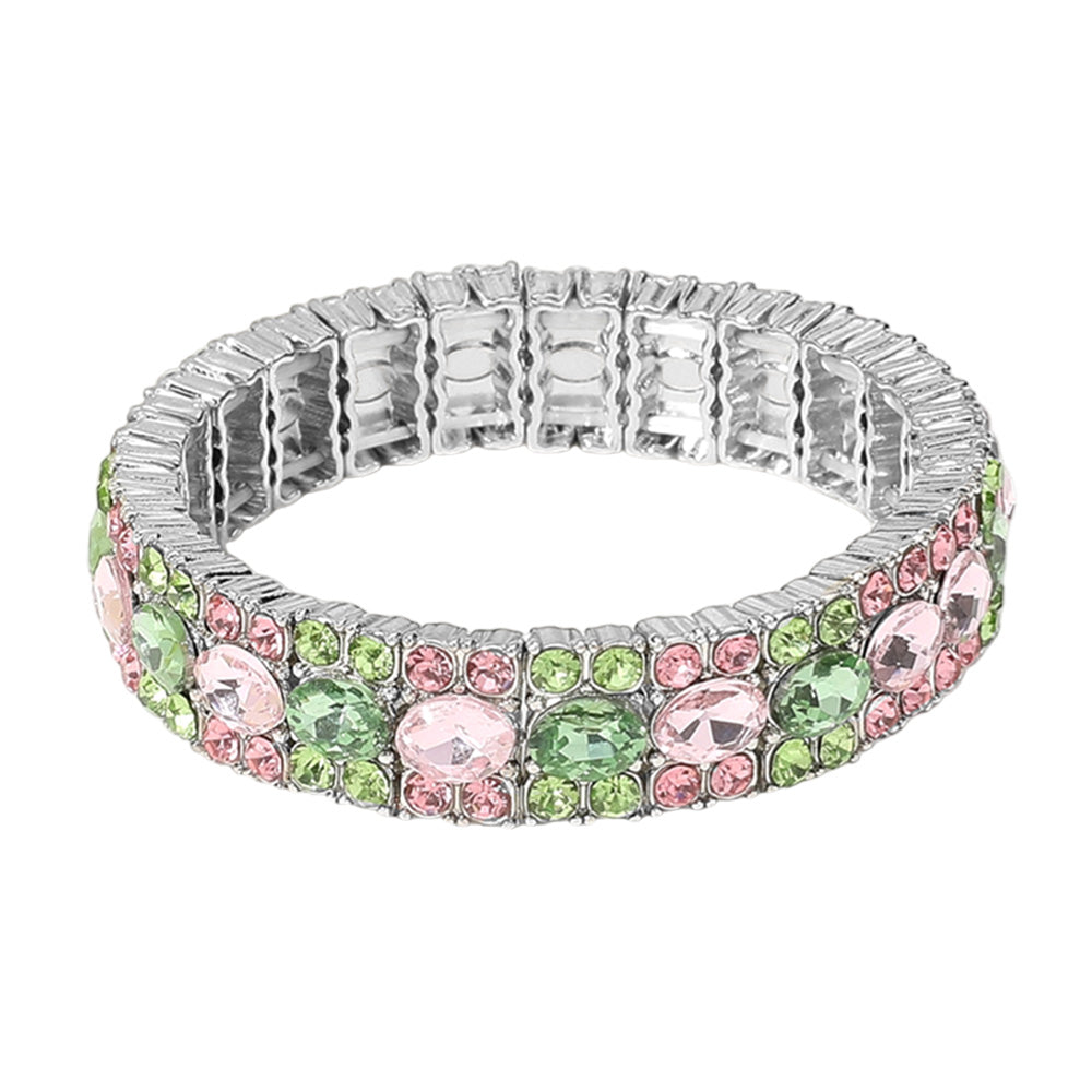 iLLASPARKZ Oval Round Glass Stone Cluster Beaded Stretch Evening Bracelet