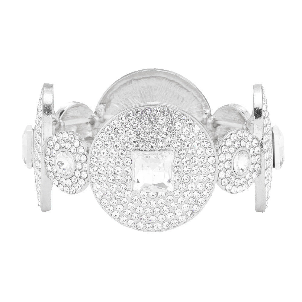 iLLASPARKZ Square Stone Pointed Rhinestone Paved Disc Stretch Evening Bracelet