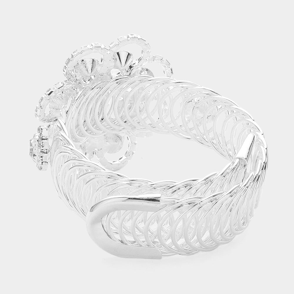 iLLASPARKZ Round Stone Pointed Rhinestone Paved Flower Adjustable Evening Bracelet / Arm Cuff