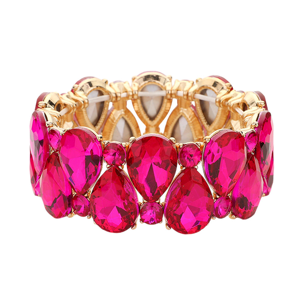 iLLASPARKZ Teardrop Round Glass Stone Cluster Stretch Evening Bracelet