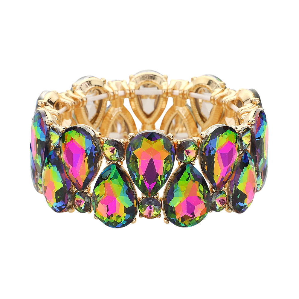 iLLASPARKZ Teardrop Round Glass Stone Cluster Stretch Evening Bracelet