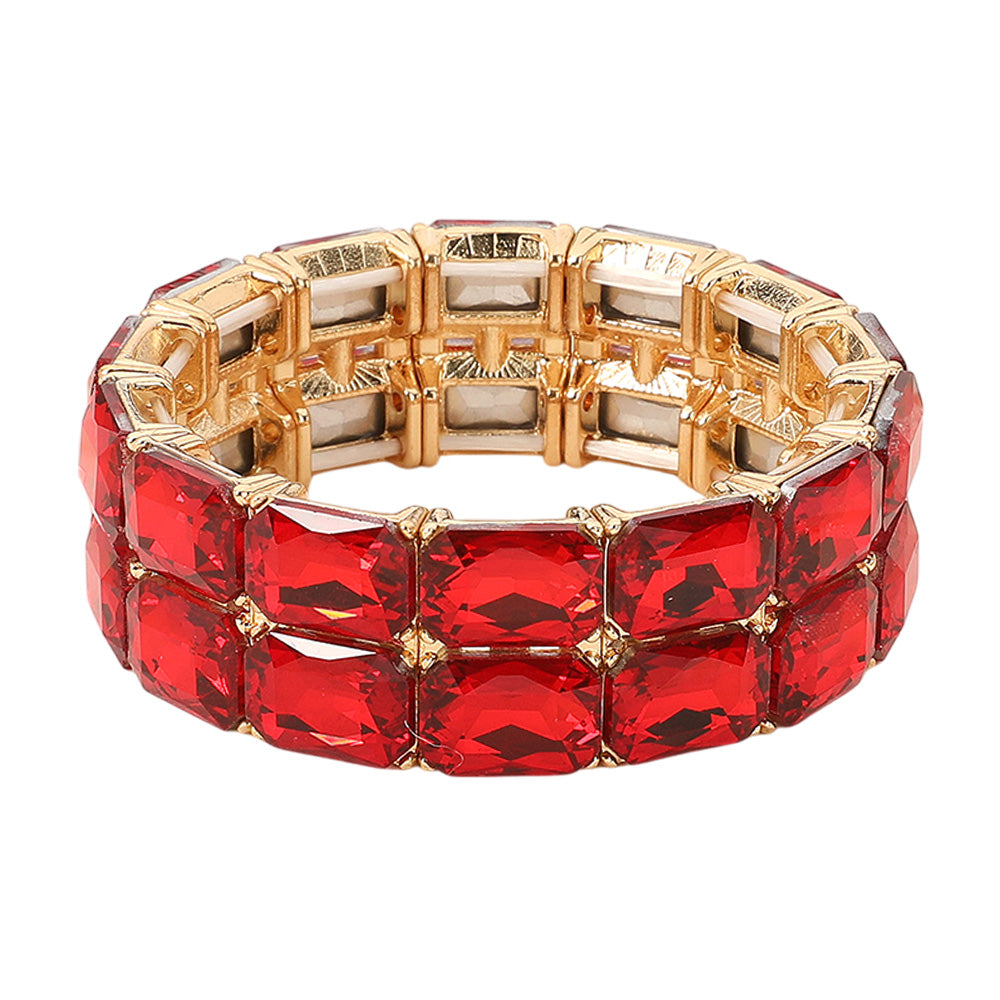 iLLASPARKZ 2 Row Rectangle Glass Stone Cluster Stretch Evening Bracelet