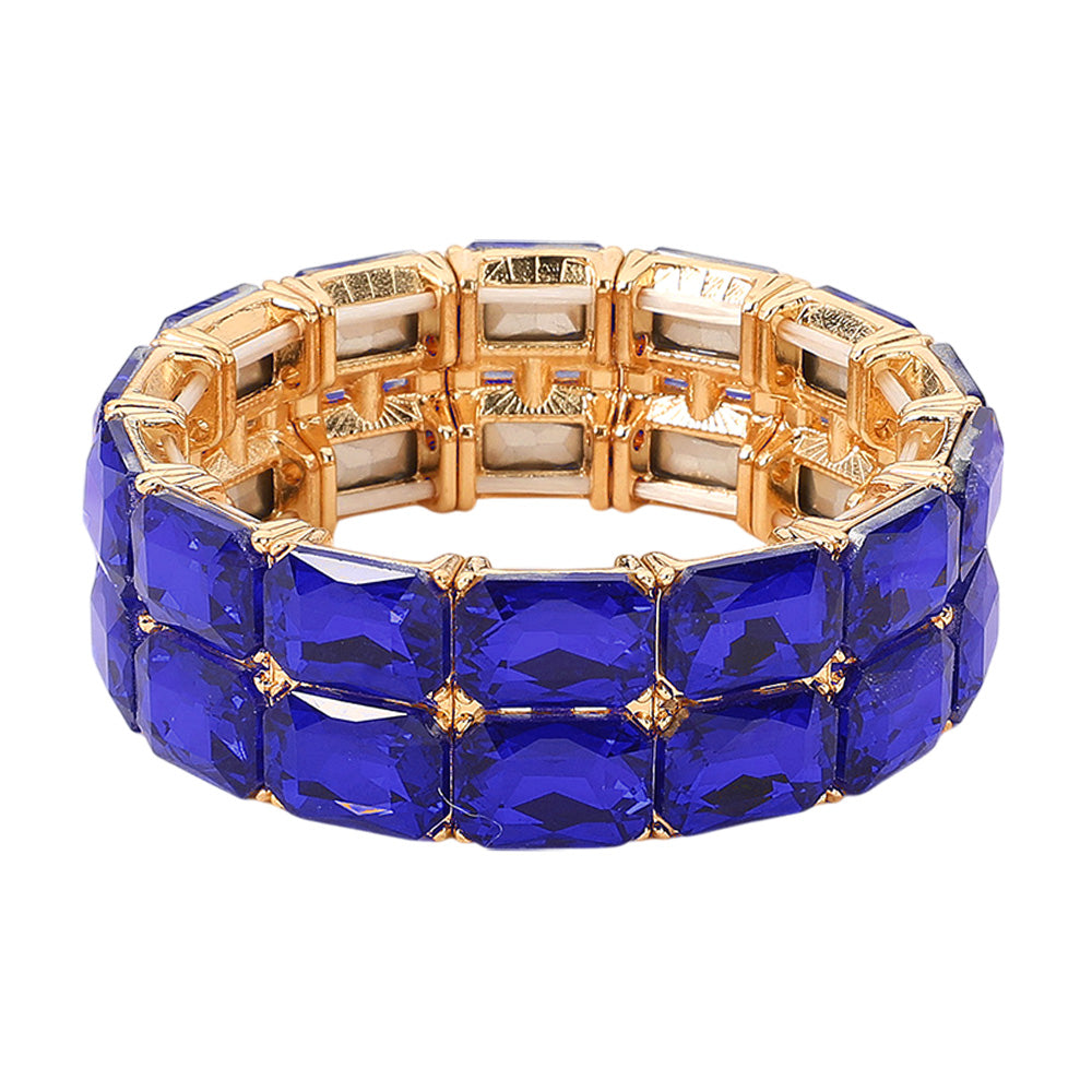 iLLASPARKZ 2 Row Rectangle Glass Stone Cluster Stretch Evening Bracelet