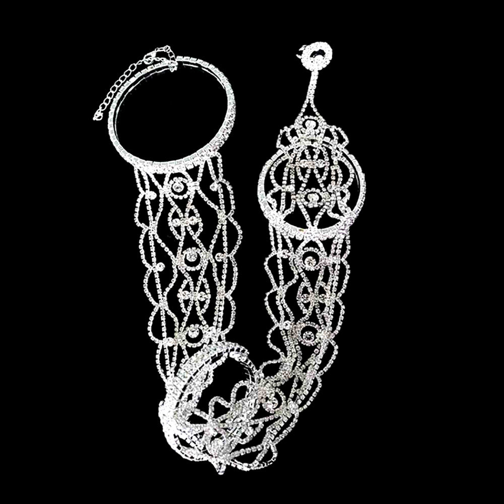 iLLASPARKZ Wide Crystal Rhinestone Pave Leaf Bridal Hand Chain Evening Bracelet