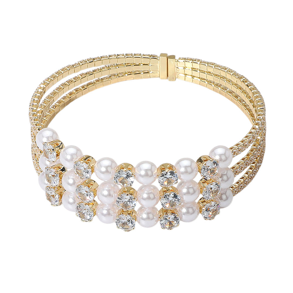 iLLASPARKZ Pearl Stone Bezel Point Rhinestone Paved Split Adjustable Evening Bracelet