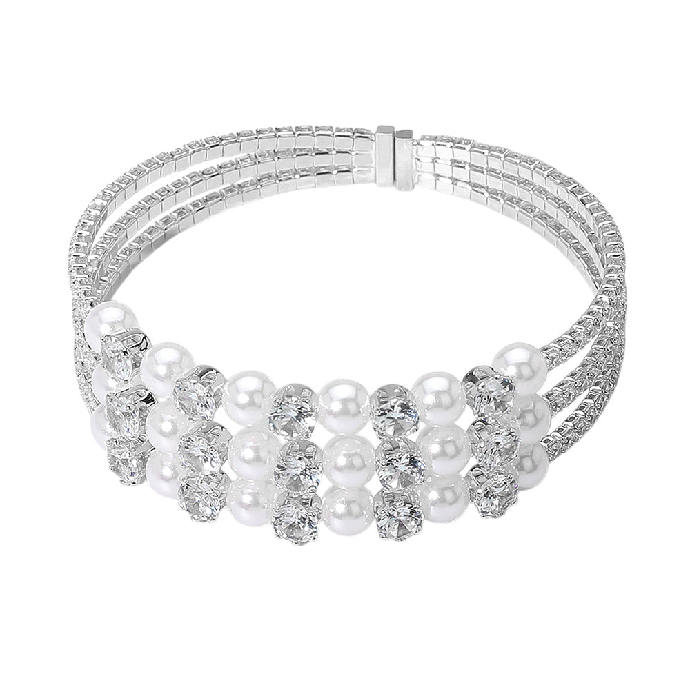 iLLASPARKZ Pearl Stone Bezel Point Rhinestone Paved Split Adjustable Evening Bracelet