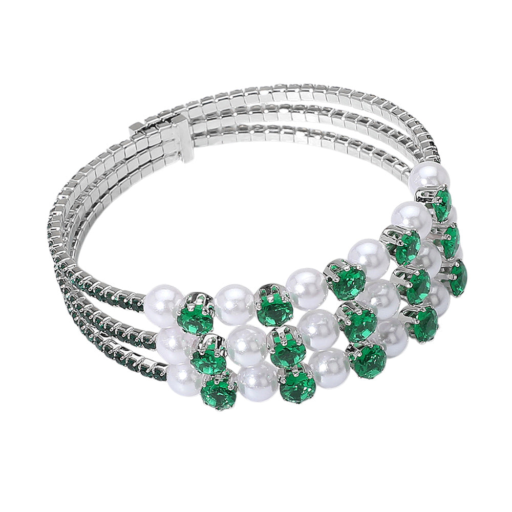 iLLASPARKZ Pearl Stone Bezel Point Rhinestone Paved Split Adjustable Evening Bracelet