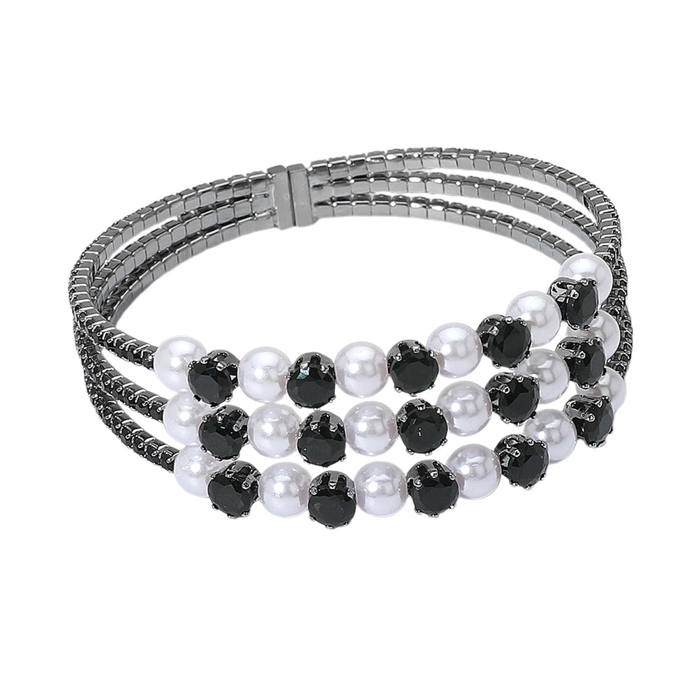 iLLASPARKZ Pearl Stone Bezel Point Rhinestone Paved Split Adjustable Evening Bracelet