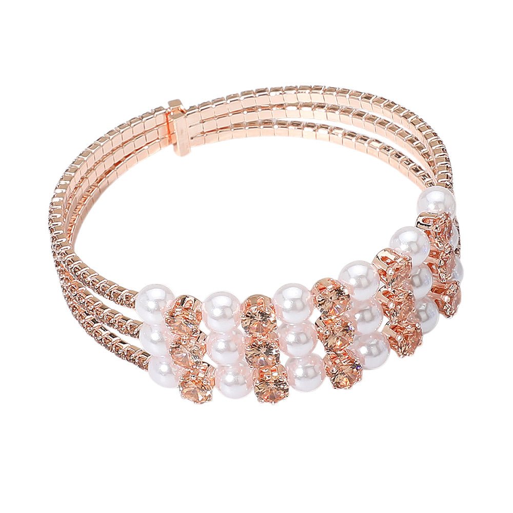 iLLASPARKZ Pearl Stone Bezel Point Rhinestone Paved Split Adjustable Evening Bracelet