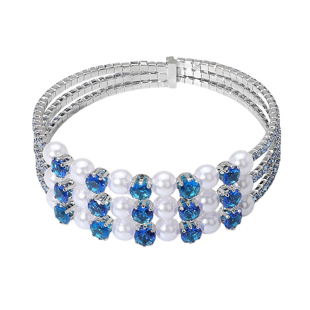 iLLASPARKZ Pearl Stone Bezel Point Rhinestone Paved Split Adjustable Evening Bracelet
