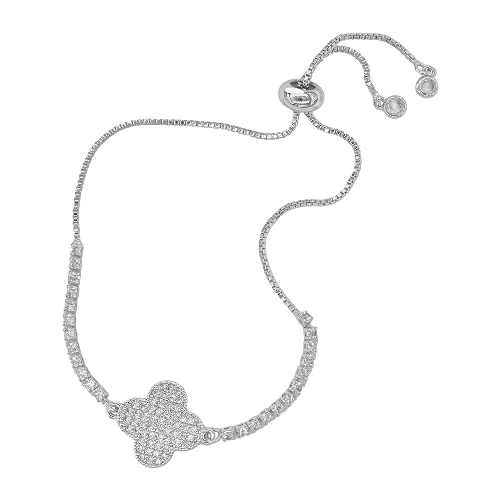 iLLASPARKZ CZ Stone Paved Quatrefoil Accent Pull Tie Adjustable Bracelet